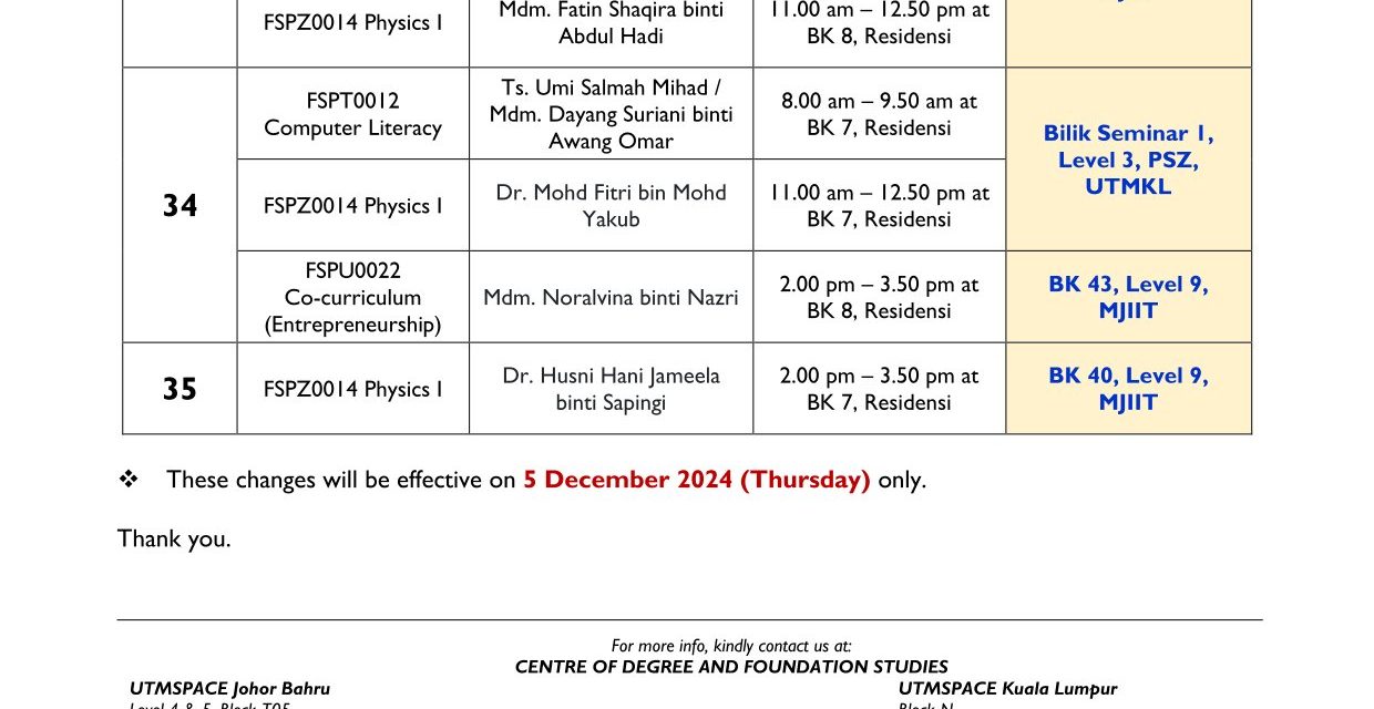 [ANNOUNCEMENT] CHANGE OF CLASSROOM ON 5 DECEMBER 2024 (UTM KL)