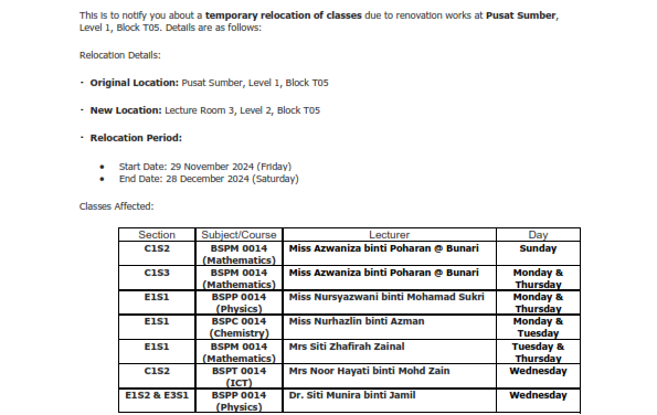 NOTIFICATION OF TEMPORARY RELOCATION OF CLASSES