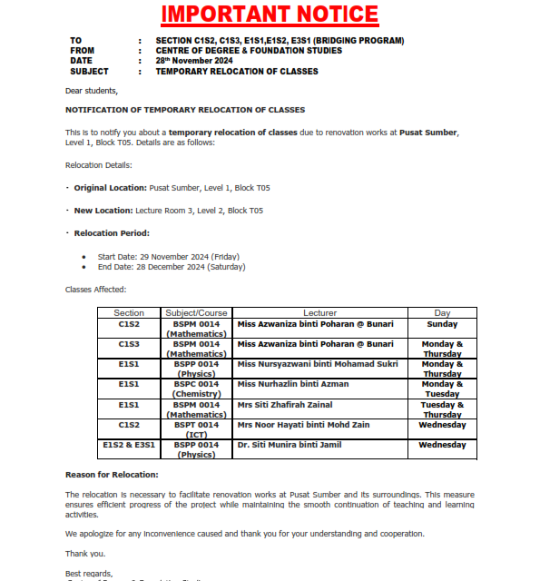 NOTIFICATION OF TEMPORARY RELOCATION OF CLASSES