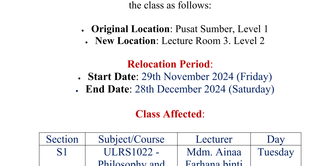 NOTIFICATION OF TEMPORARY RELOCATION OF CLASSES