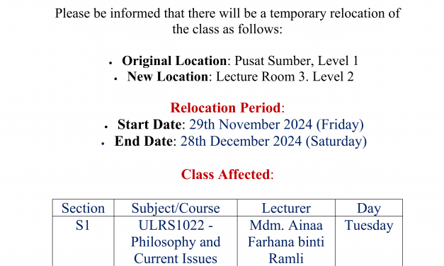 NOTIFICATION OF TEMPORARY RELOCATION OF CLASSES