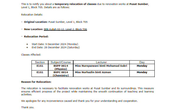 NOTIFICATION OF TEMPORARY RELOCATION OF CLASSES (E1S1- MONDAY CLASSES)