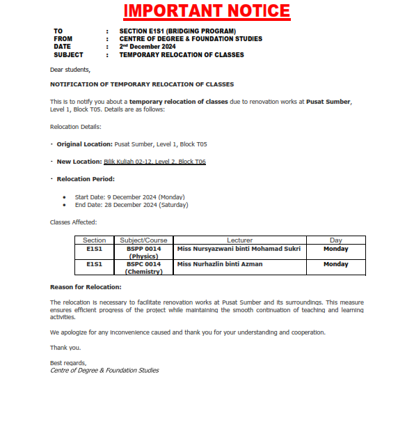 NOTIFICATION OF TEMPORARY RELOCATION OF CLASSES (E1S1- MONDAY CLASSES)