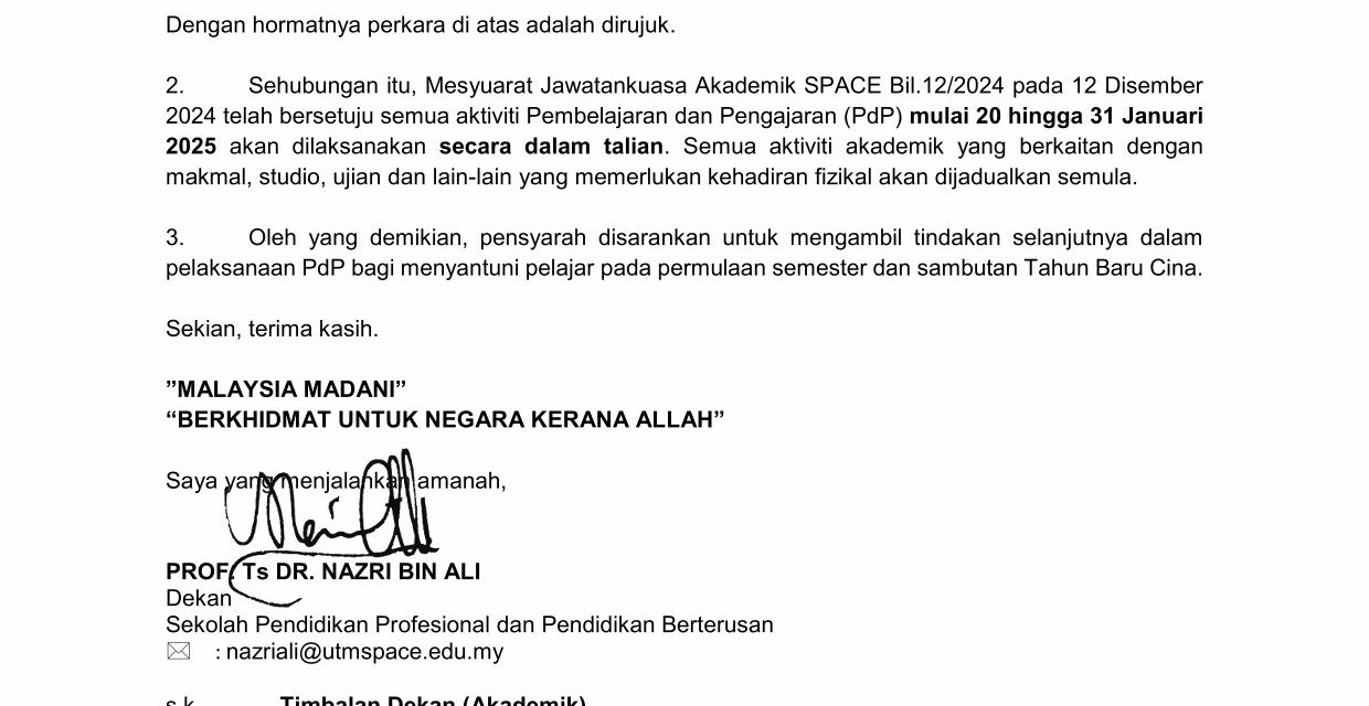 MOD PEMBELAJARAN DAN PENGAJARAN (PdP) SECARA FLEKSIBEL PADA MINGGU PERTAMA DAN KEDUA SEMESTER II, SESI 2024/2025 PROGRAM ASASI