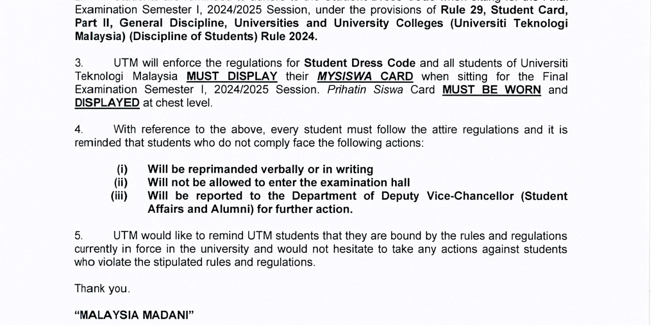 STUDENT CIRCULAR NO.2/2025 : ENFORCEMENT OF STUDENT DRESS CODE AND DISPLAYING PRIHATIN SISWA CARD DURING FINAL EXAMINATION