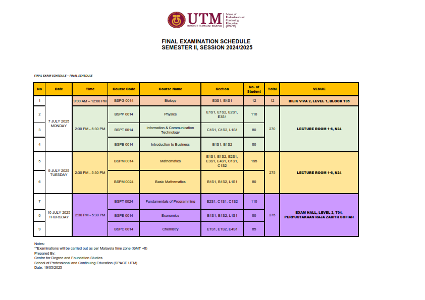 FINAL EXAMINATION SCHEDULE FOR BRIDGING PROGRAMME SEMESTER II, SESSION 2024/2025 (FINAL SCHEDULE)