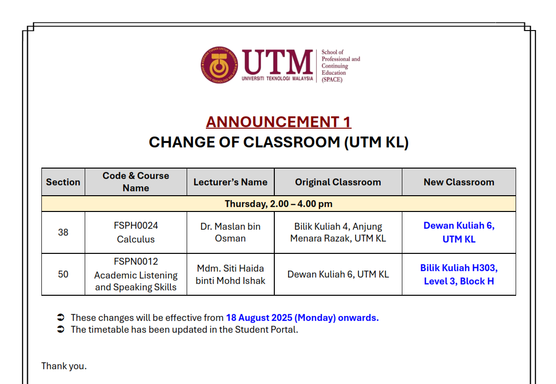 [ANNOUNCEMENT] CHANGE OF CLASSROOM FOR SECTION 38 & 50 (UTM KL)