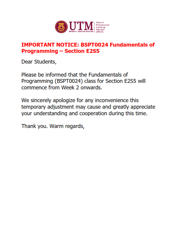 IMPORTANT NOTICE: BSPT0024 Fundamentals of Programming – Section E2S5