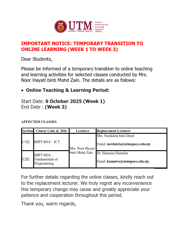 NOTIFICATION OF TEMPORARY  TRANSITION TO ONLINE LEARNING (Week 1 to Week 3) – MRS. NOOR HAYATI BINTI MOHD ZAIN – SECTION C1S2 (ICT), SECTION E2S2 (FOP)
