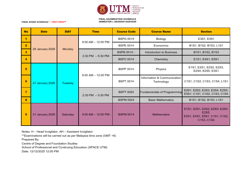 FINAL EXAMINATION SCHEDULE FOR BRIDGING PROGRAMME SEMESTER I, SESSION 2025/2026 (FIRST DRAFT)