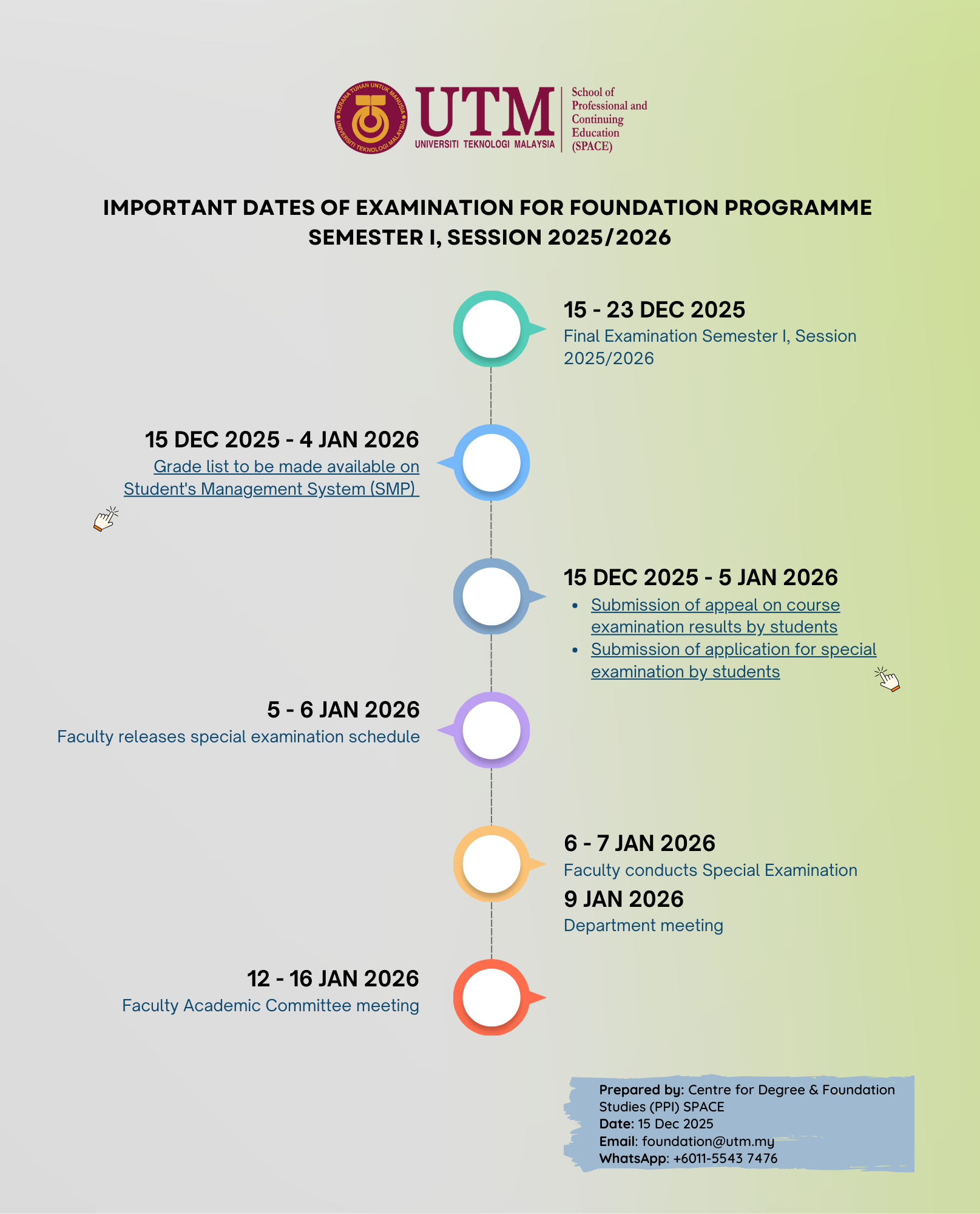 IMPORTANT DATES OF EXAMINATION FOR FOUNDATION PROGRAMME SEMESTER I, SESSION 2025/2026