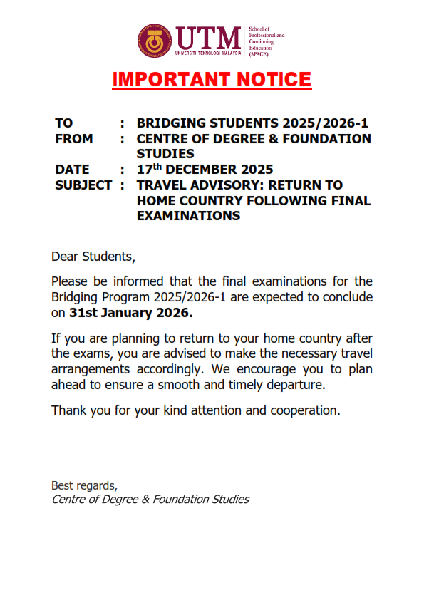 IMPORTANT NOTICE : TRAVEL ADVISORY – RETURN TO HOME COUNTRY FOLLOWING FINAL EXAMINATIONS
