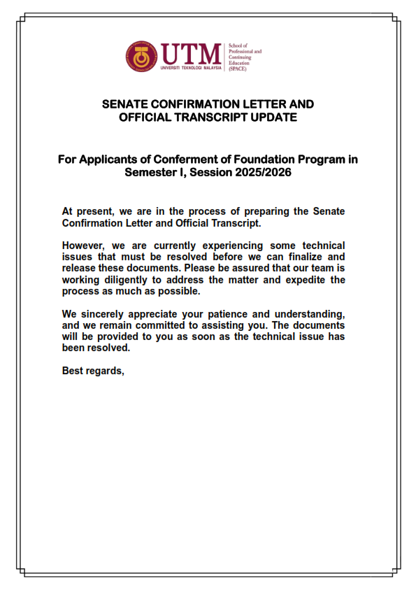 SENATE CONFIRMATION LETTER AND OFFICIAL TRANSCRIPT UPDATE