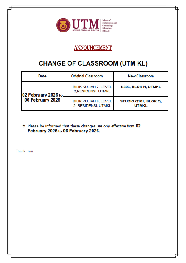 ANNOUNCEMENT : CHANGE OF CLASSROOM (FOUNDATION PROGRAM)