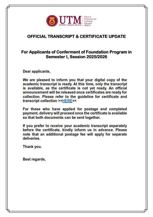 OFFICIAL TRANSCRIPT & CERTIFICATE UPDATE