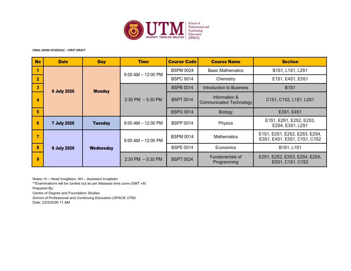 FINAL EXAMINATION SCHEDULE FOR BRIDGING PROGRAMME SEMESTER II, SESSION 2025/2026 (FIRST DRAFT)