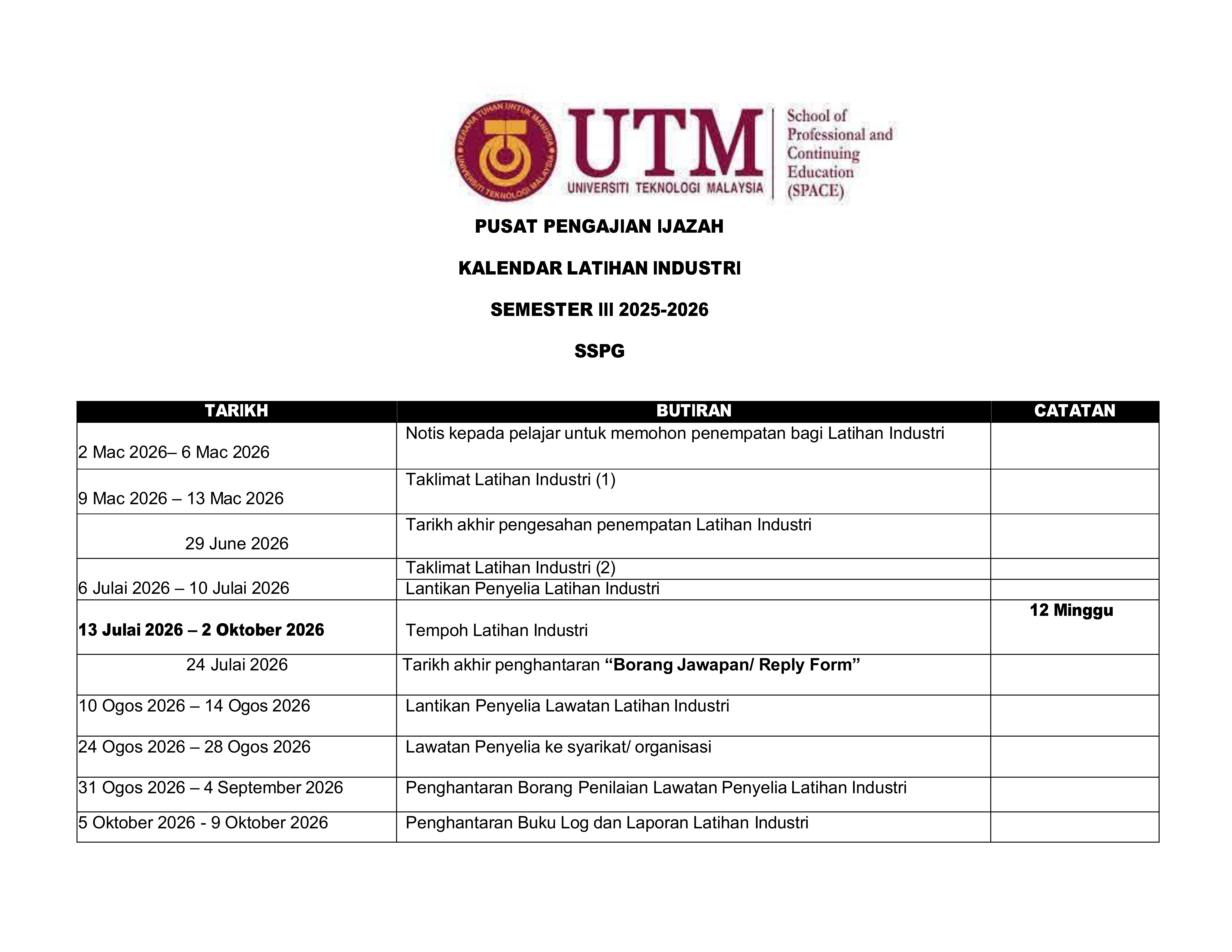 KALENDAR LATIHAN INDUSTRI SEM III 2025/2026