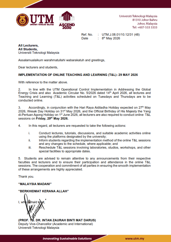 IMPLEMENTATION OF ONLINE TEACHING AND LEARNING (T&L)- 29 MAY 2026